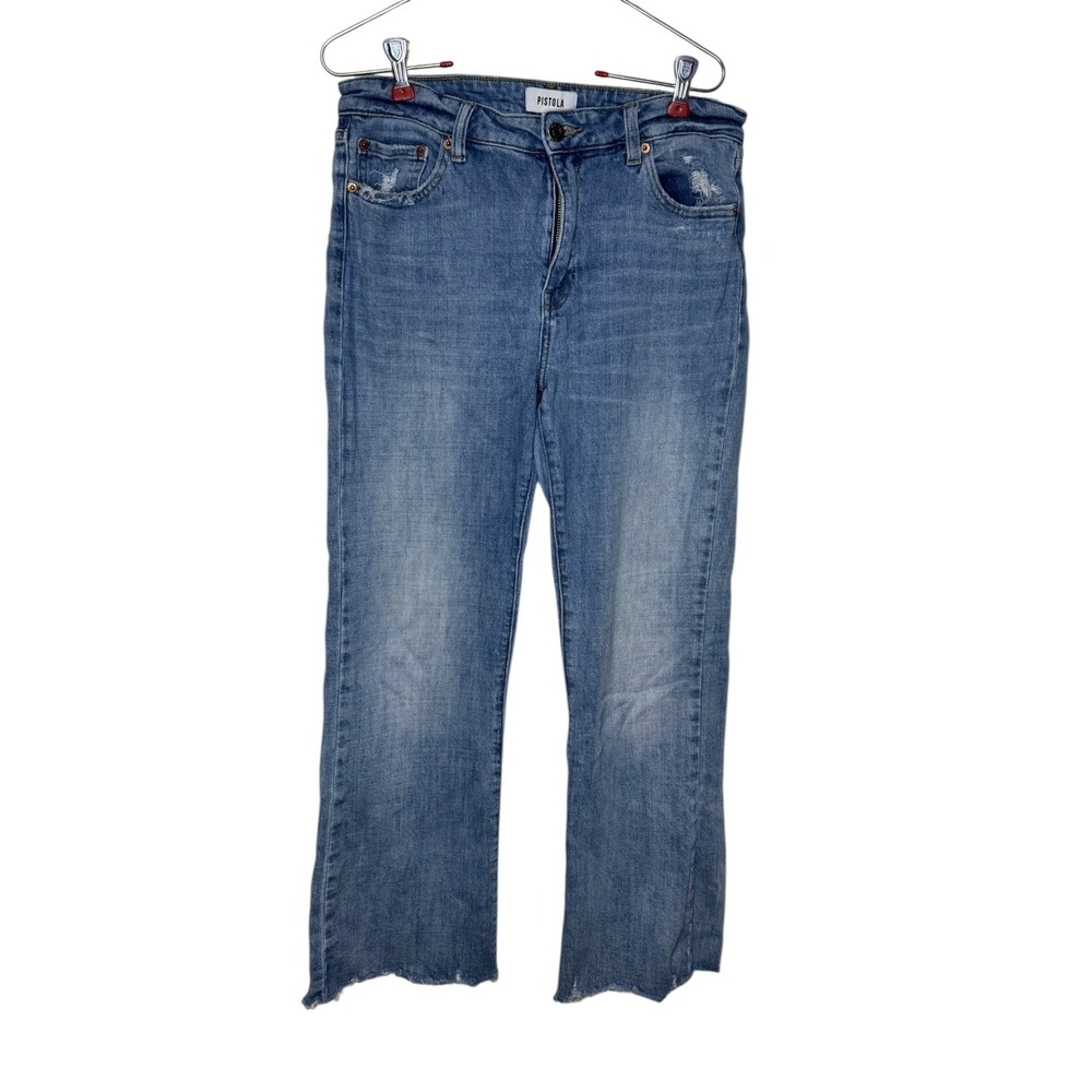 Pistola Women's Jeans Straight Leg Distressed‎ Raw Hem Stonewash Denim Size 28
